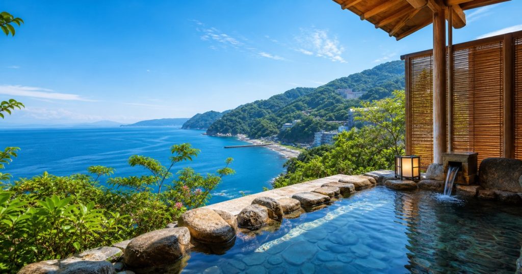 熱海の夏の海と山並みを望む露天風呂のイメージ